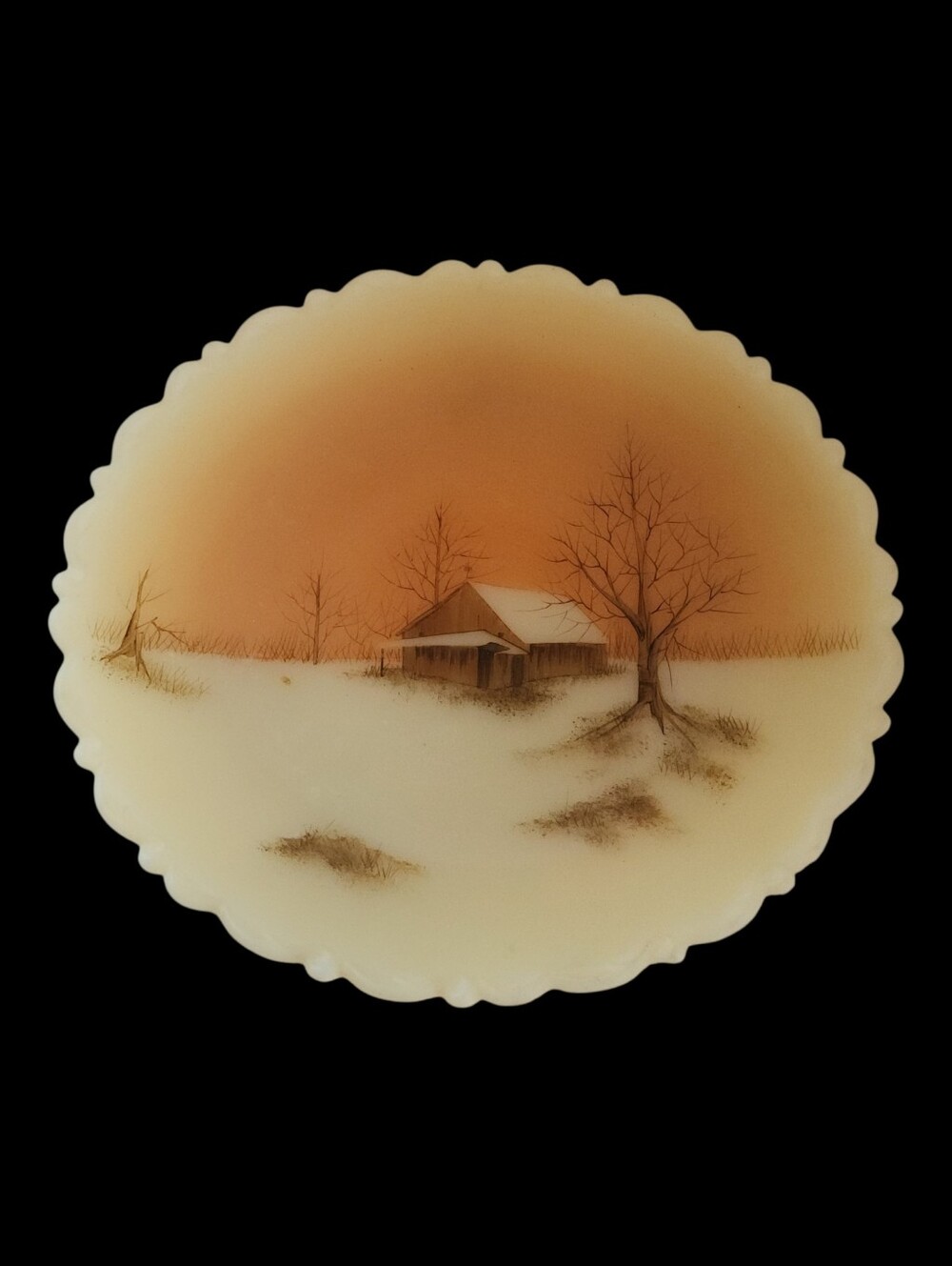 VINTAGE FENTON CUSTARD GLASS PLATE HAND PAINTED SIGNED BARN WINTER 8" SCALLOPED
